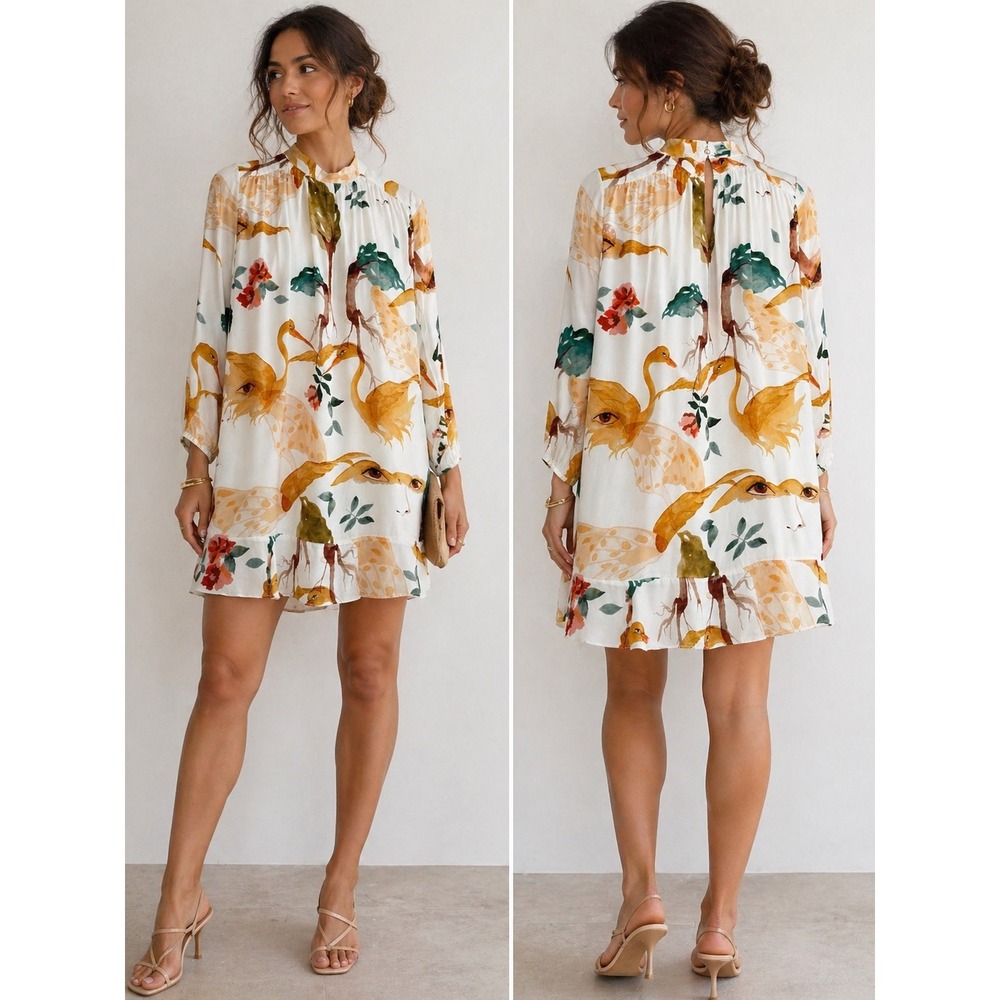 Little Moon Aritzia Women Small Floral Bird Print Tunic Dress Boho Cottagecore